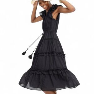 J. Crew Black Pompom Cotton Midi Sundress with V-Neck and Flutter Sleeves, 2P